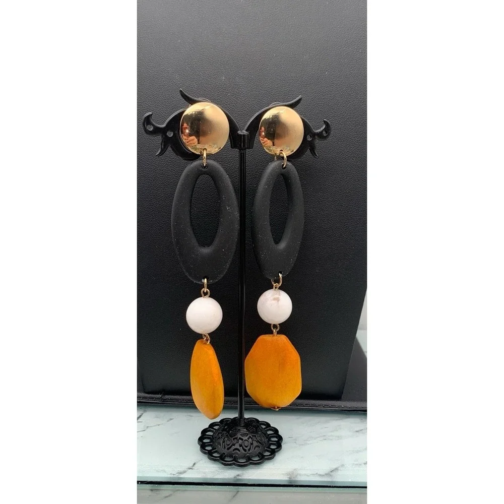 Large Lightweight Matte Soft Oval Beaded With Wood And Acrylic Dangle Earrings